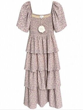 In February Floral Smocked Tiered Maxi Dress Lemon Lavender L NWT